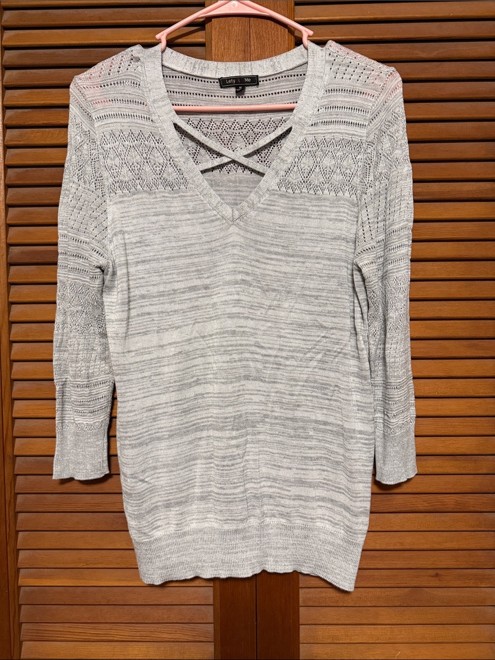 Light Gray V-Neck Knit Sweater with Crisscross Detail